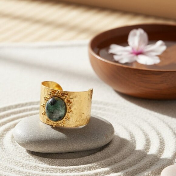 🆕️ Elegant 18K Gold Plated Adjustable Ring with Moss Agate Stone, Fits 7-8 💍 - Picture 8 of 17